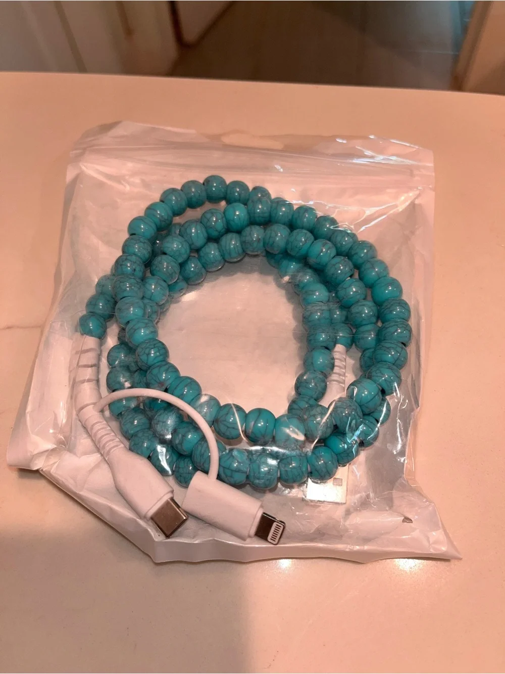Turquoise Beaded USB Charging Cable - Stylish Phone Accessory